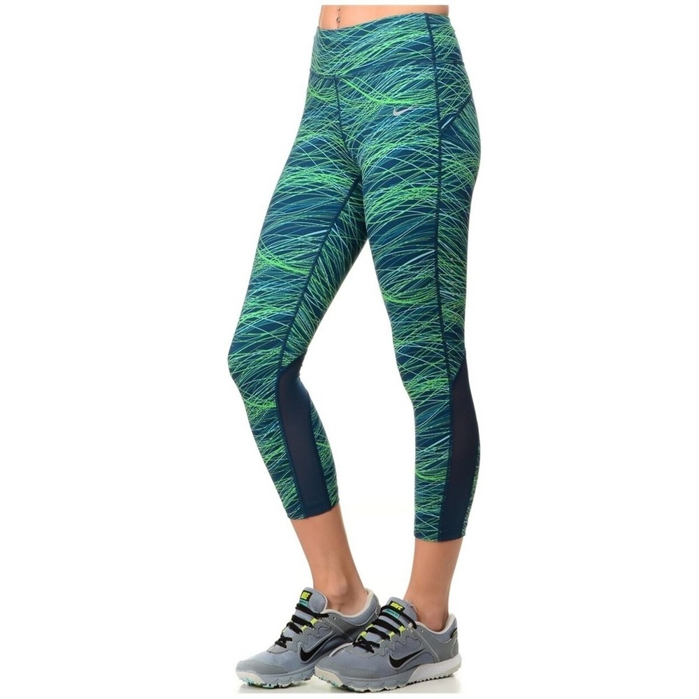 Nike Power Epic Lux Women's Printed Running Tights Blue Green Abstract Size M